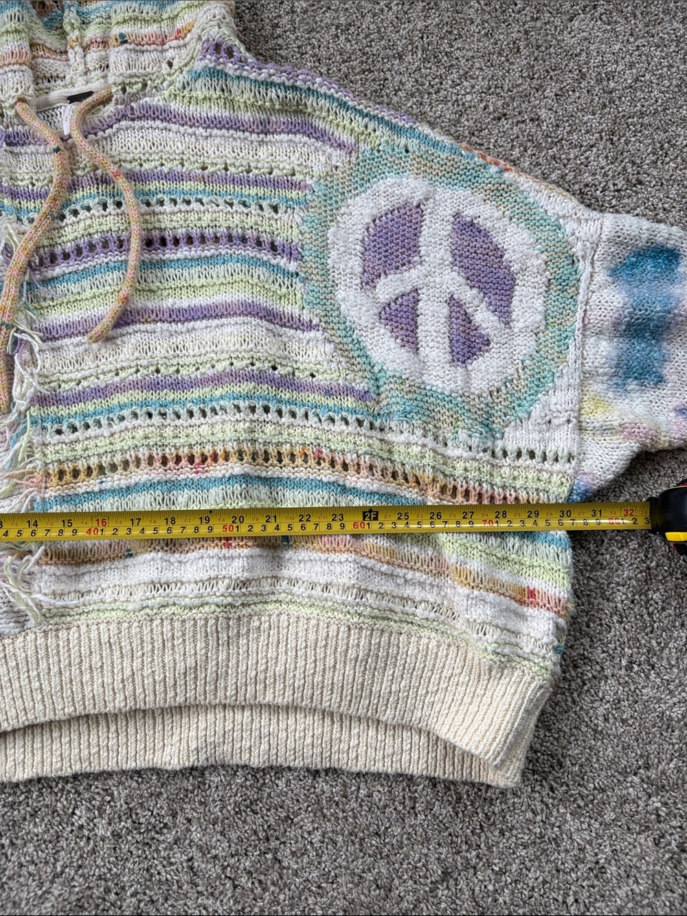 🤩 rare! 🤩 free People Crochet-Style Pastel Hooded Sweater with Peace Motif - Picture 14 of 15